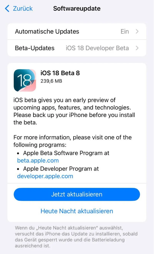 高台苹果手机维修分享苹果 iOS / iPadOS 18 开发者预览版 Beta 8 发布 